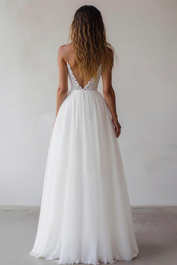 Dentelle Une Ligne Col V Longue Robe De Mariée Blanche